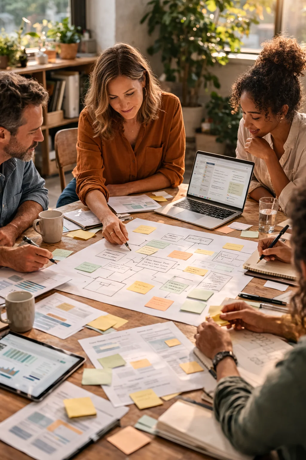 Four diverse team members gathered around a wooden table collaborating on a project plan with sticky notes, flowcharts, and a laptop in a bright, plant-filled office.