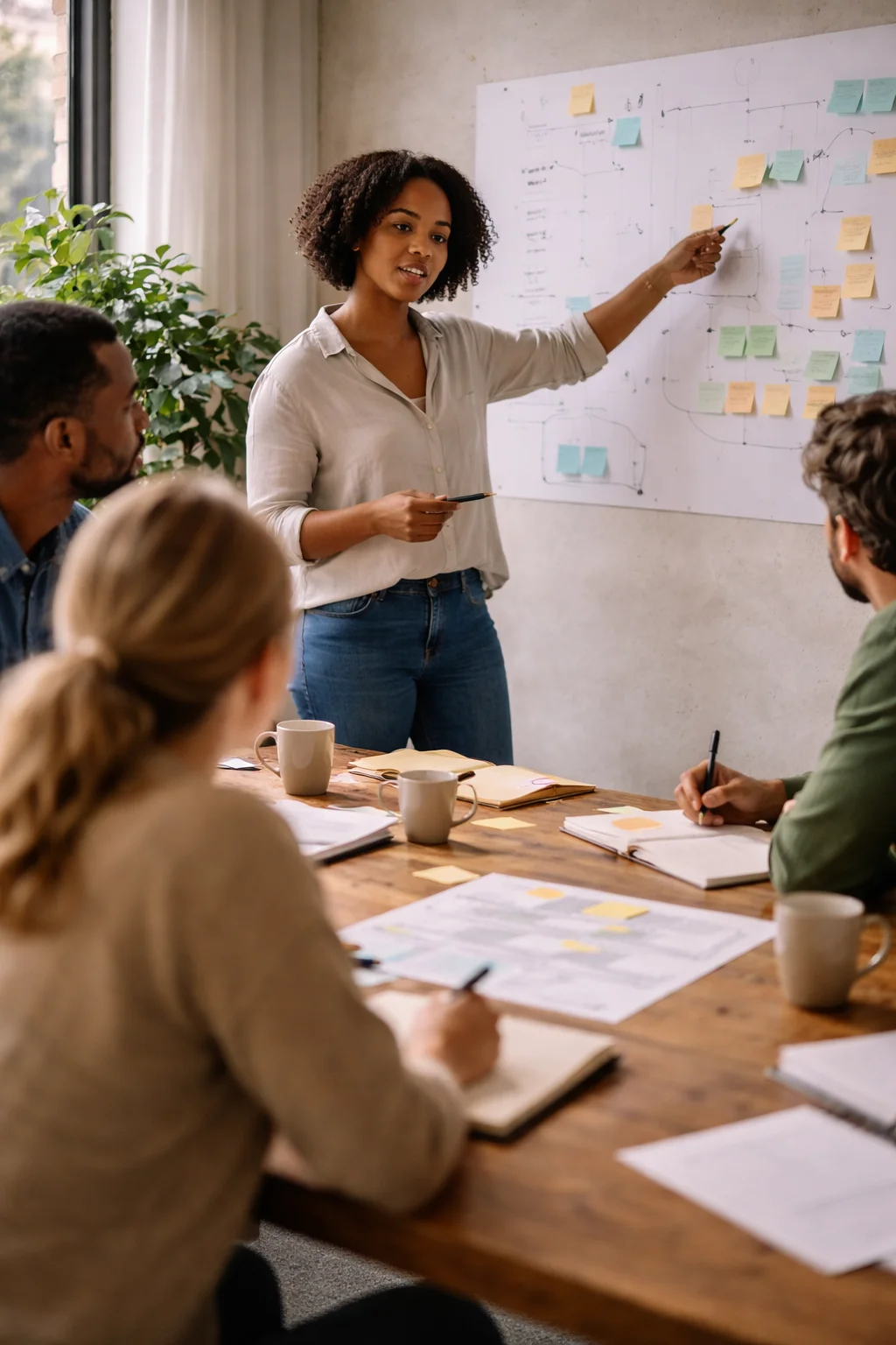 A woman in a beige shirt points to a whiteboard covered with colorful sticky notes while presenting to three seated colleagues at a wooden table with notebooks and coffee cups.