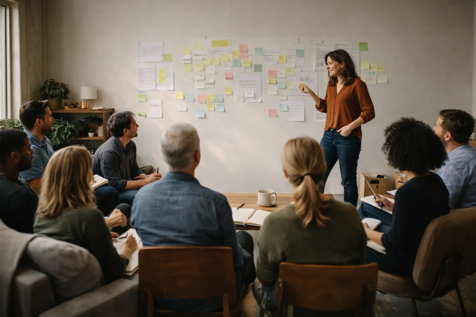 A diverse team of professionals sits in a circle during a workshop, with a woman presenting ideas while pointing to a wall covered with colorful sticky notes and planning documents.