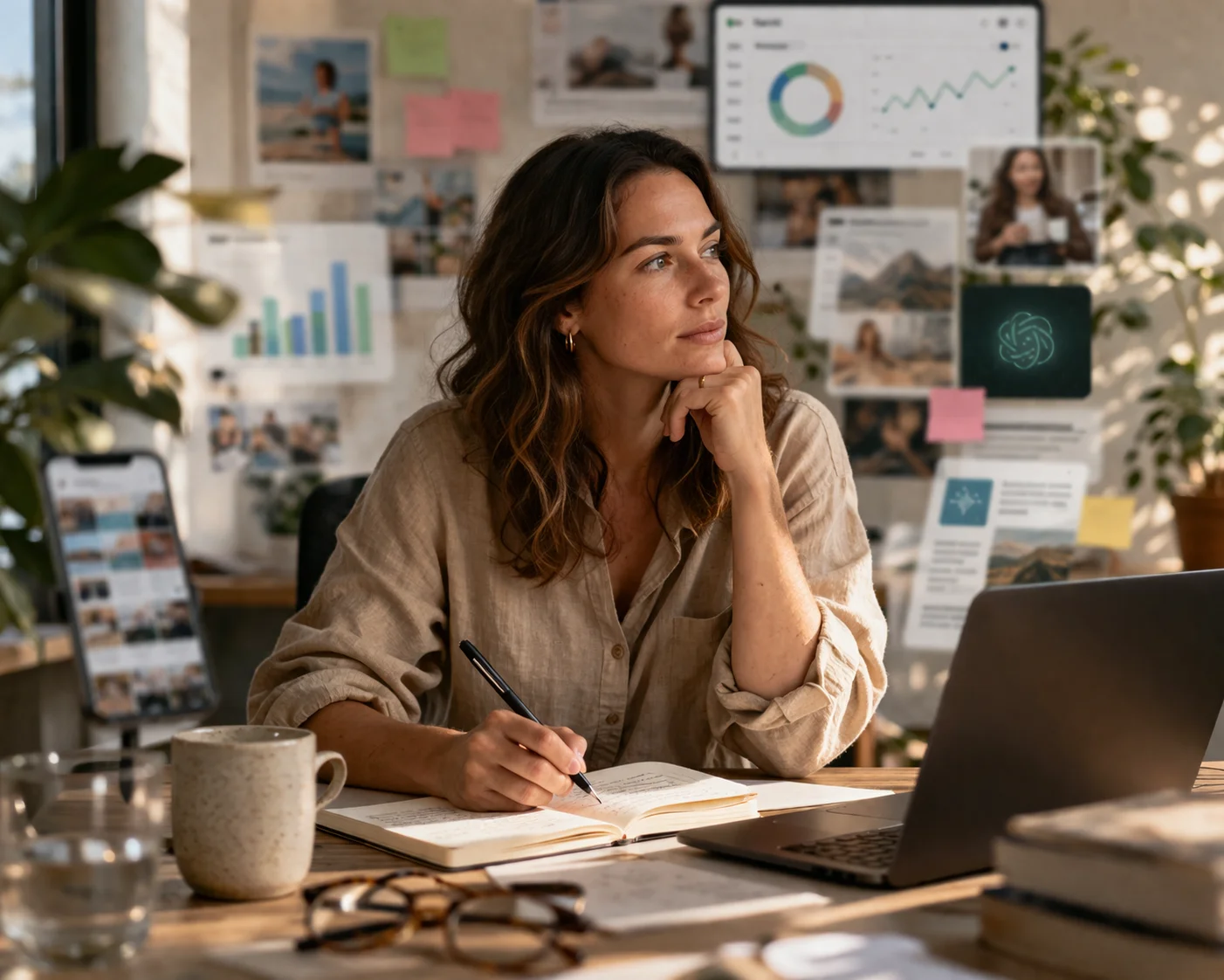 A woman sits at a desk writing in a notebook while working on a laptop, surrounded by data visualizations and project boards on the wall behind her.