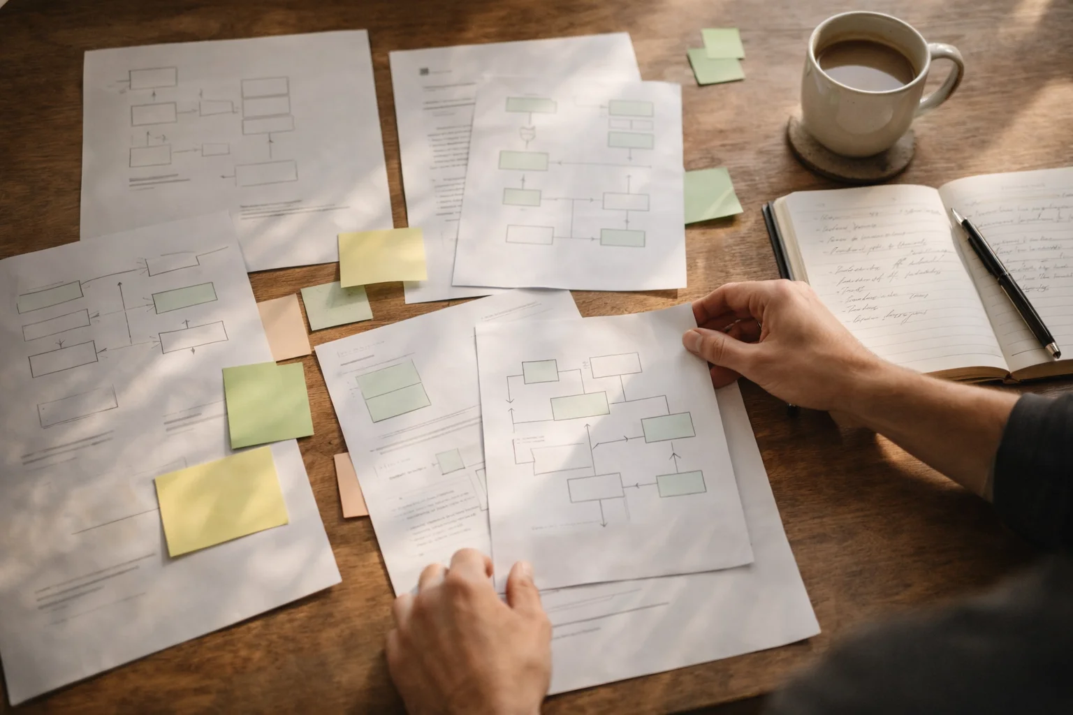 Person reviewing multiple flowchart sketches and wireframes spread across a wooden desk with sticky notes and coffee, showing the collaborative design process.