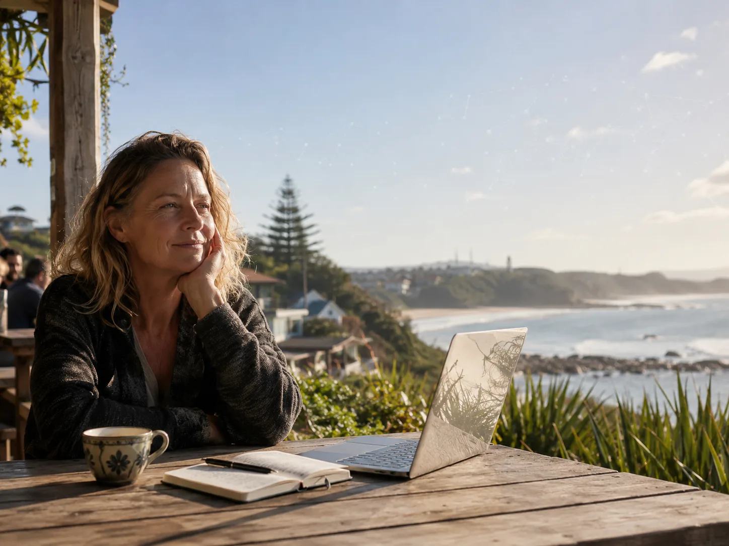 Michelle Williams working beside the coast in Byron Bay