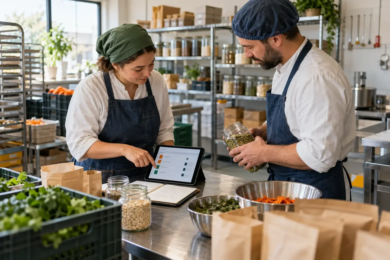 Two food-production operators reviewing inventory and workflow information.
