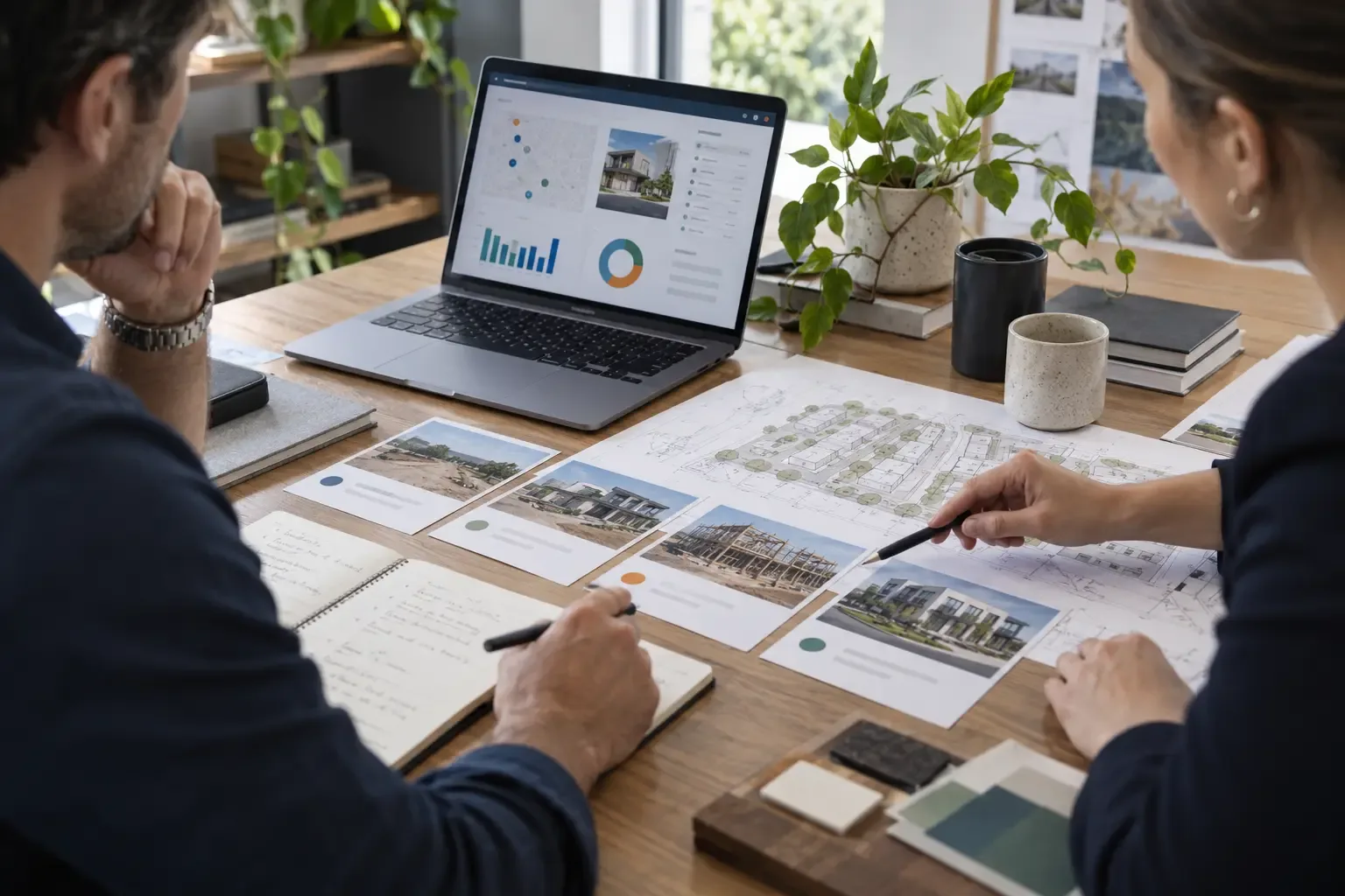 Two business operators reviewing a property workflow and portfolio information.