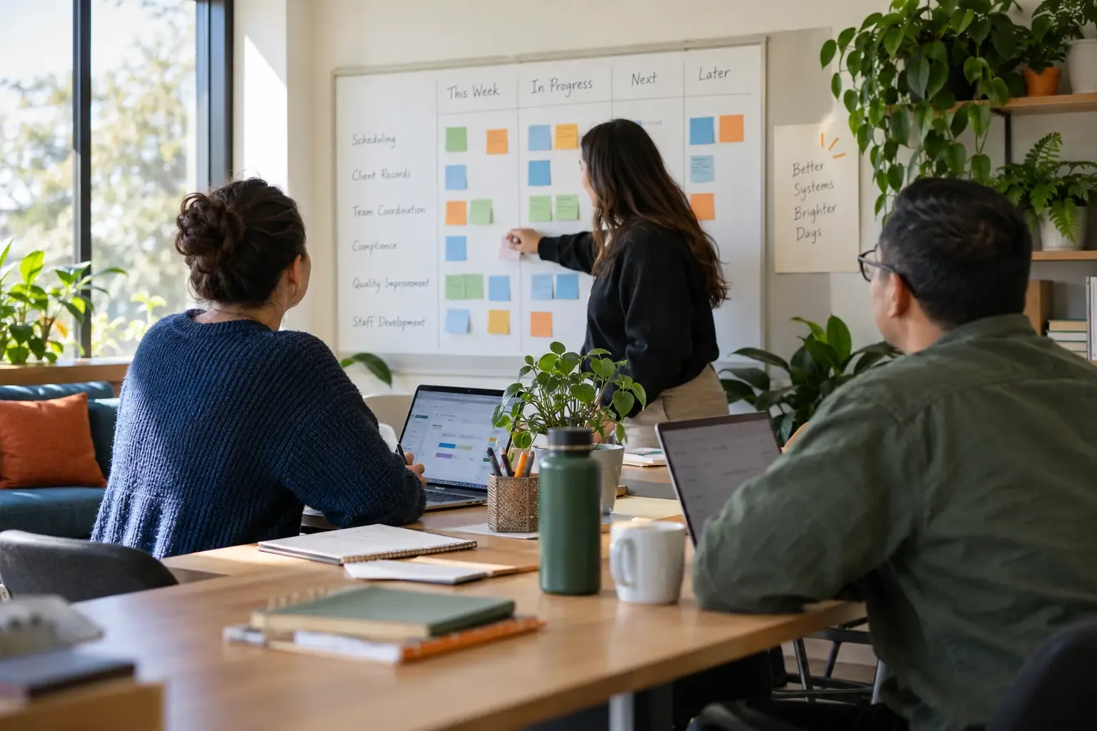 An operations team organising scheduling, records and team coordination.