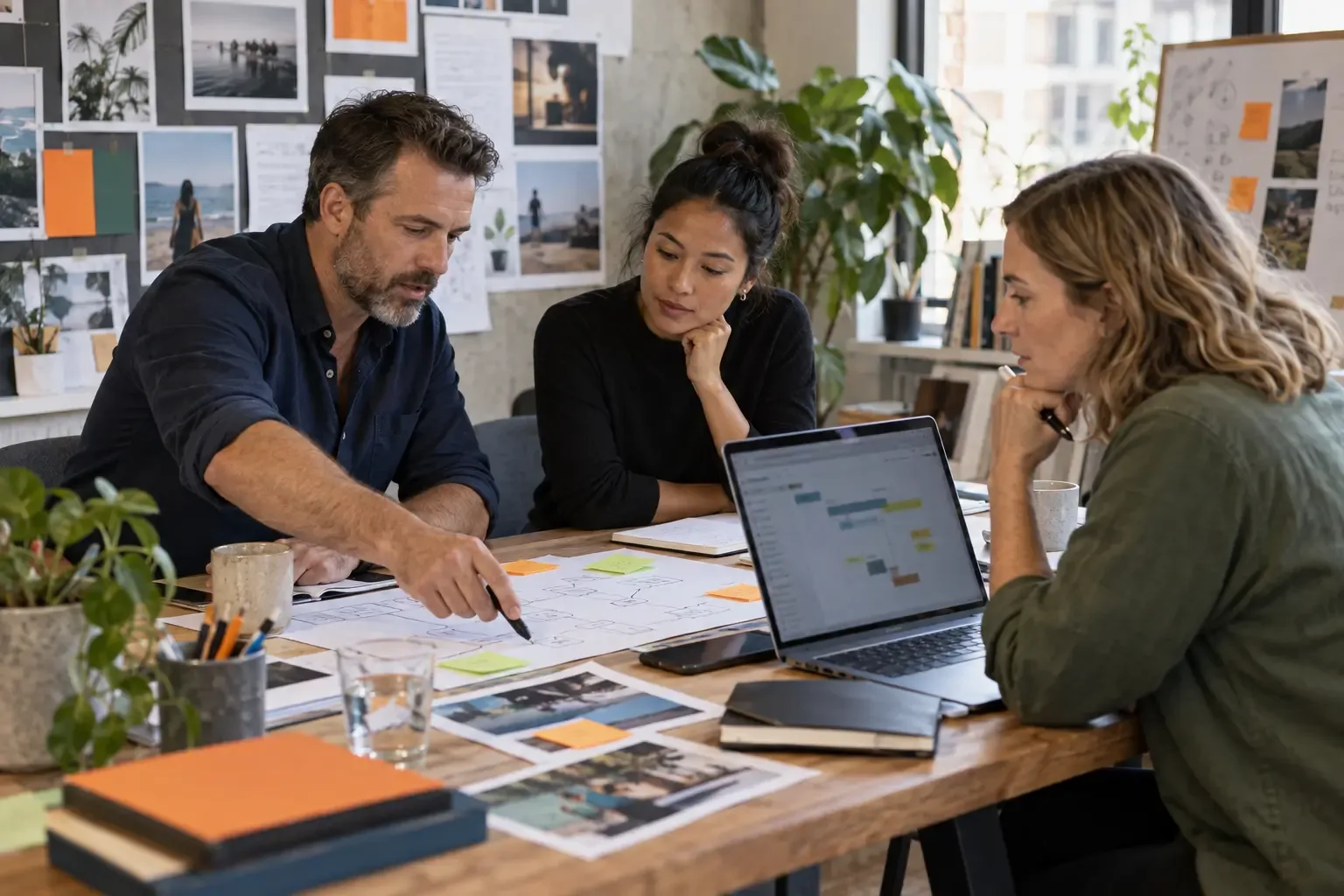 Three marketing agency leaders reviewing campaign materials and an AI-supported workflow together in a creative studio.