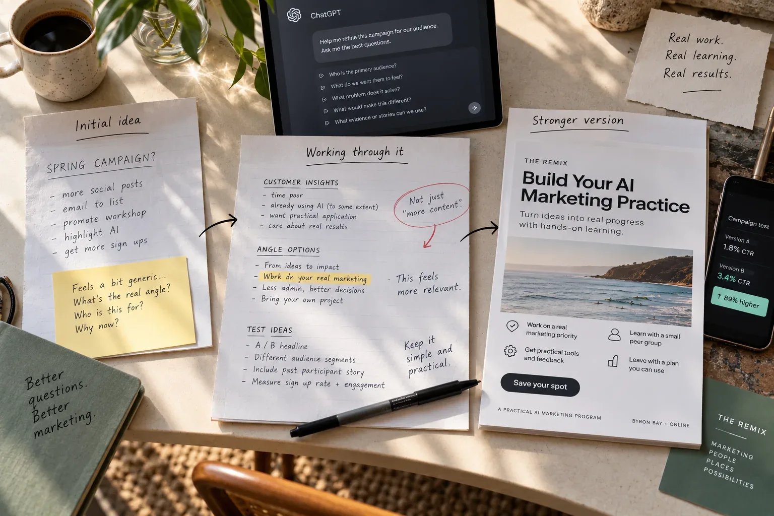 Editorial illustration showing a marketing idea moving from an initial campaign concept through customer insights, AI-assisted questions and testing to a stronger final concept.