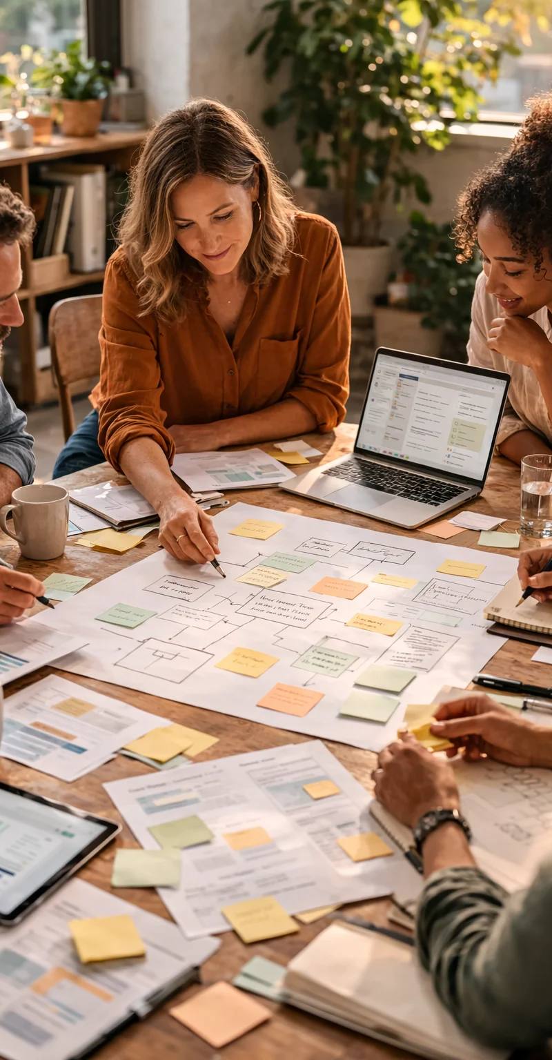 Four diverse team members gathered around a wooden table collaborating on a project plan with sticky notes, flowcharts, and a laptop in a bright, plant-filled office.