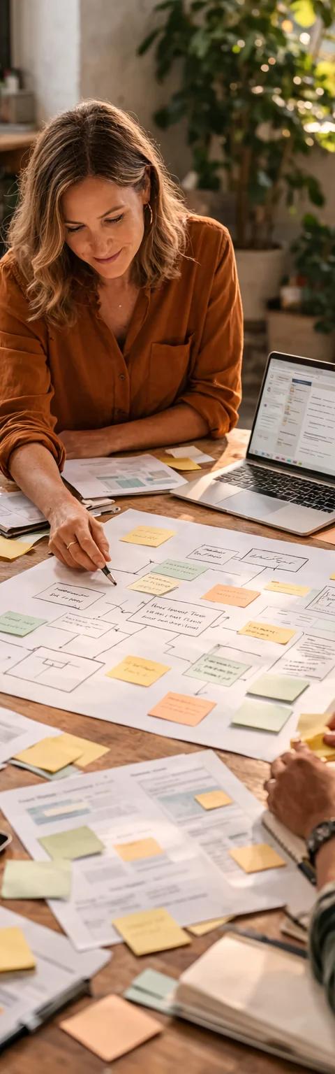 Four diverse team members gathered around a wooden table collaborating on a project plan with sticky notes, flowcharts, and a laptop in a bright, plant-filled office.