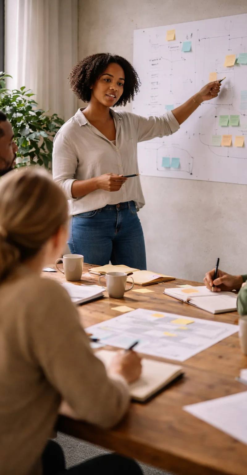 A woman in a beige shirt points to a whiteboard covered with colorful sticky notes while presenting to three seated colleagues at a wooden table with notebooks and coffee cups.