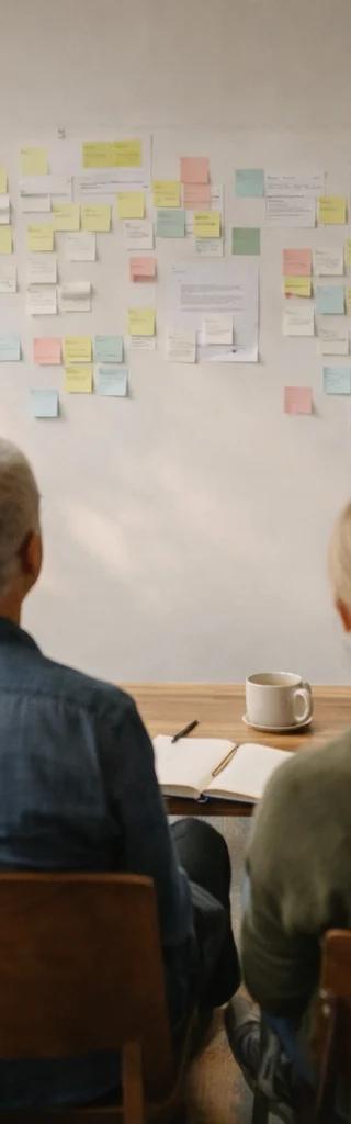 A diverse team of professionals sits in a circle during a workshop, with a woman presenting ideas while pointing to a wall covered with colorful sticky notes and planning documents.