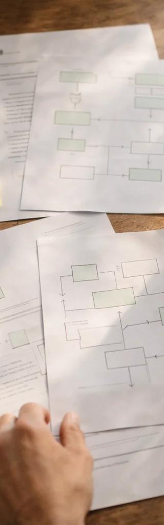 Person reviewing multiple flowchart sketches and wireframes spread across a wooden desk with sticky notes and coffee, showing the collaborative design process.