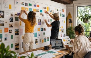 Three people building an AI marketing system across a yellow-led campaign wall in a bright Northern Rivers creative studio