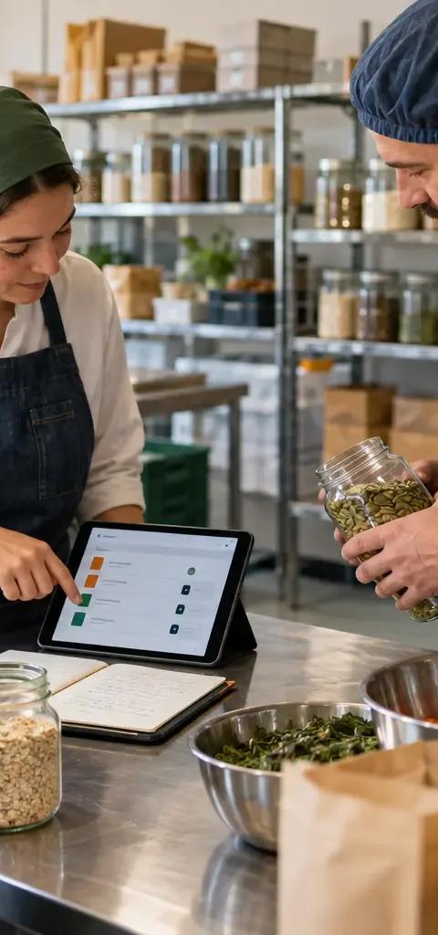 Two food-production operators reviewing inventory and workflow information.