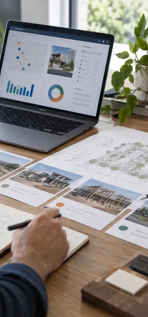 Two business operators reviewing a property workflow and portfolio information.