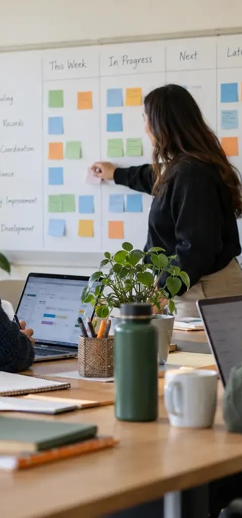 An operations team organising scheduling, records and team coordination.