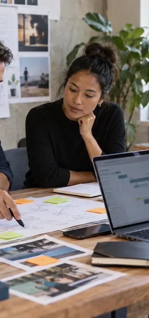 Three marketing agency leaders reviewing campaign materials and an AI-supported workflow together in a creative studio.