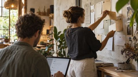 Woman updating notes on a working board while a colleague reviews work on a laptop.